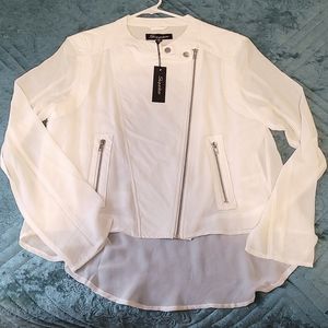 Shinestar, XL, white pu leather and sheer moto jacket.